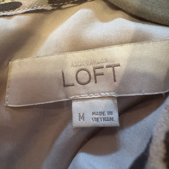 Loft Cream Brown Leopard Print Sleeveless Ruffle Hem Shift Dress Lined Sz M - Picture 8 of 13